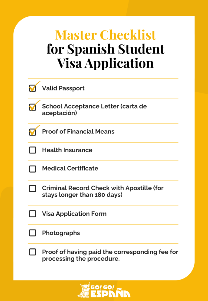 Spanish student visa application master checklist of required documents. (10 words)