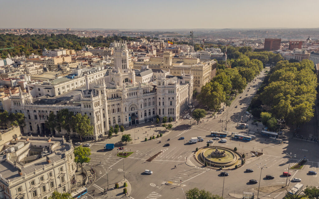 Aerial view of City hall of Madrid and Plaza de Cibeles.