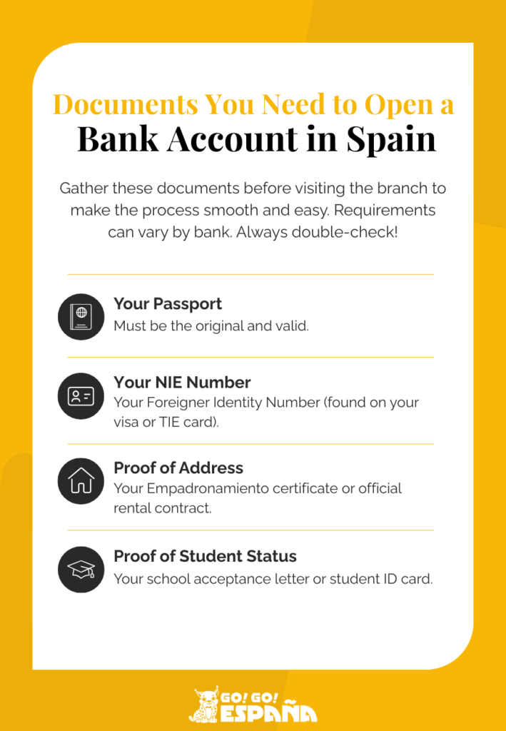 Checklist of documents needed for how to open a bank account in Spain for students.