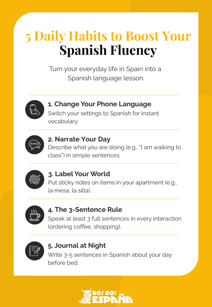 A checklist infographic detailing daily habits to learn Spanish fluently