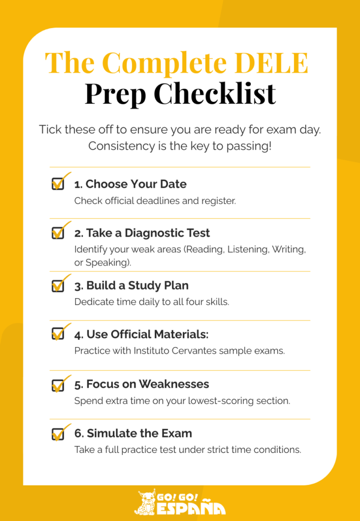Checklist of essential steps for DELE exam preparation for students.