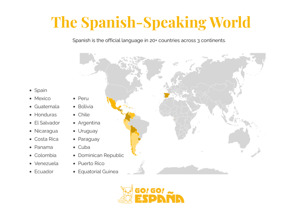 World map highlighting all Spanish-speaking countries and regions.