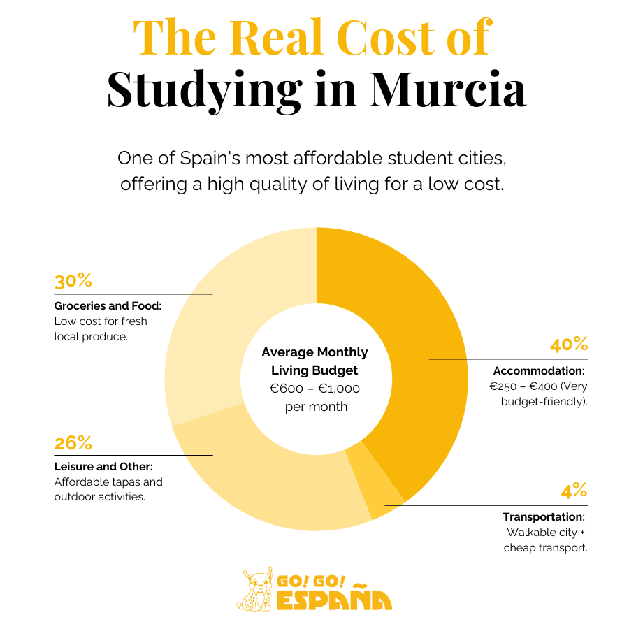 Monthly student budget breakdown for cost of living in Murcia.