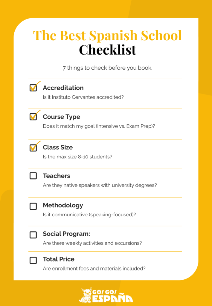 Checklist infographic for evaluating Spanish language schools in Spain based on accreditation, class size, and price.