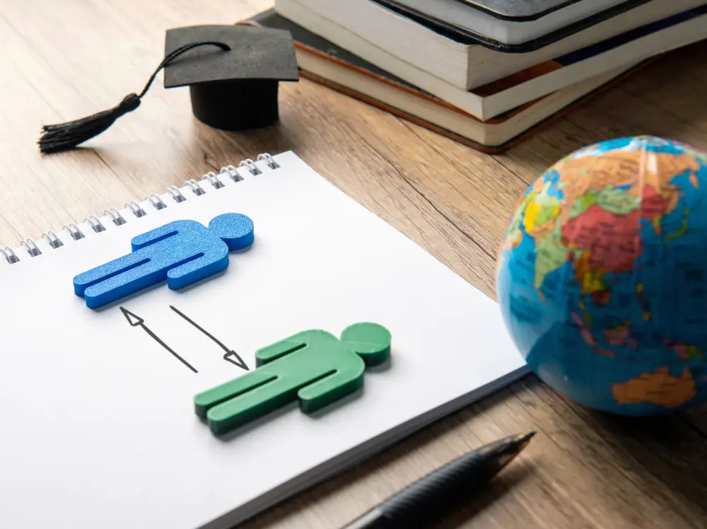 Photo of notebook, two people interconnected and world globe.