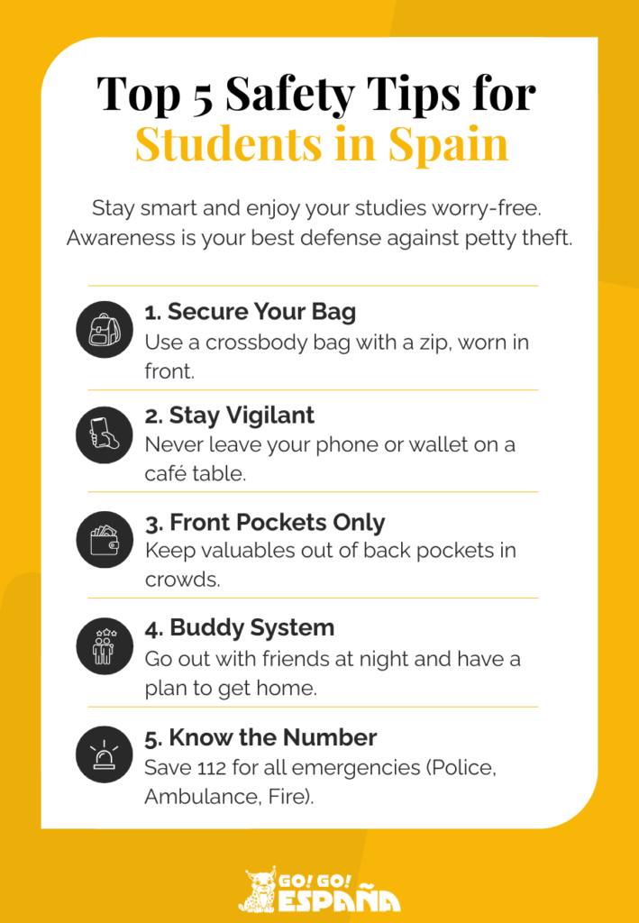Infographic of the top 5 safety tips for international students in Spain.