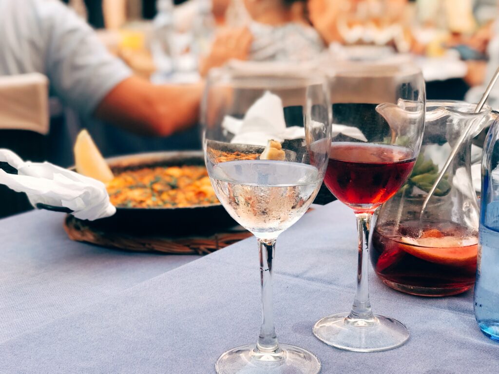 Photo of wine and Paella in Spain.