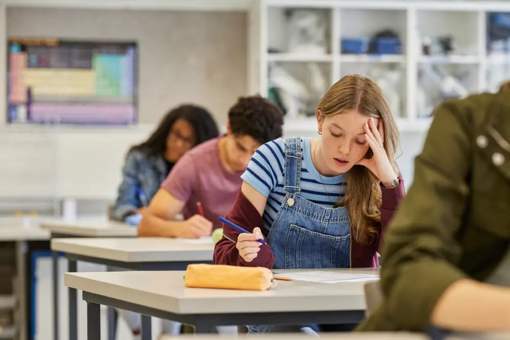 Photo of girl taking exam at desk in a classroom.