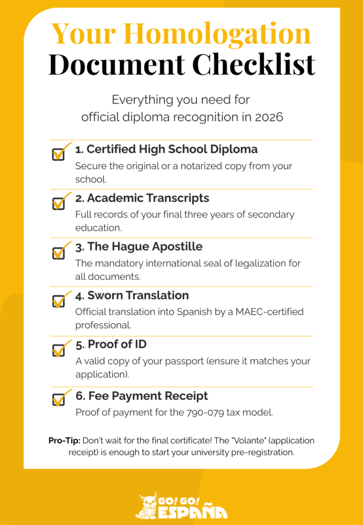 Document checklist for high school diploma homologation for international students applying in Spain.