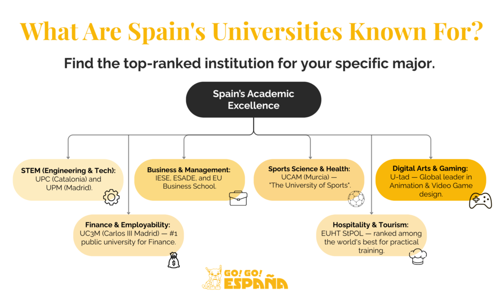Conceptual map of Spanish universities categorized by subject excellence.