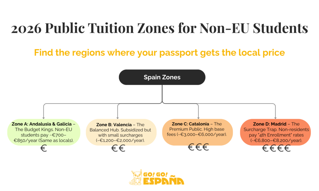 Map of Spain showing different tuition cost zones for international students in public universities. Map of Spain showing different tuition cost zones for international students in public universities.