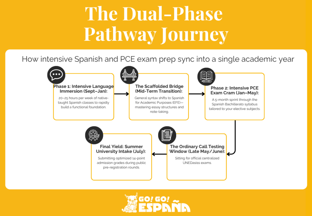 Timeline flowchart detailing the transition from intensive Spanish language learning to specific PCE exam prep within a university pathway program.