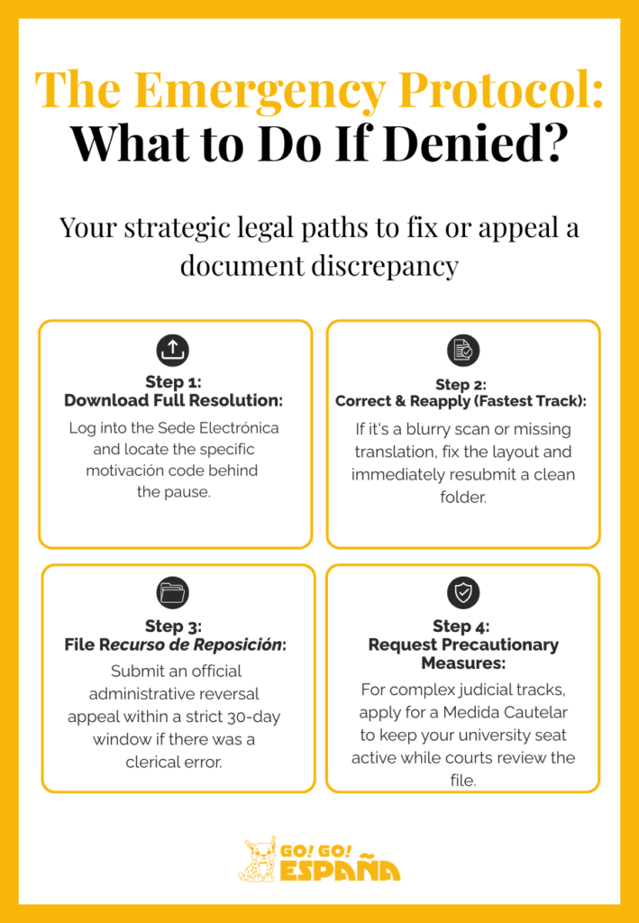 A step-by-step protocol international study recognition Tactical roadmap diagram outlining steps to rectify or appeal a secondary study recognition denial in Spain.