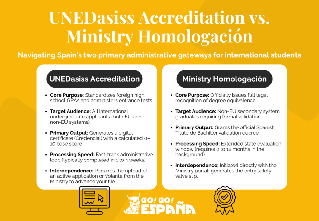 Side-by-side comparison table detailing processing times, target audiences, and legal definitions of UNEDasiss accreditation versus Ministry homologación. Side-by-side comparison table detailing processing times, target audiences, and legal definitions of UNEDasiss accreditation versus Ministry homologación.