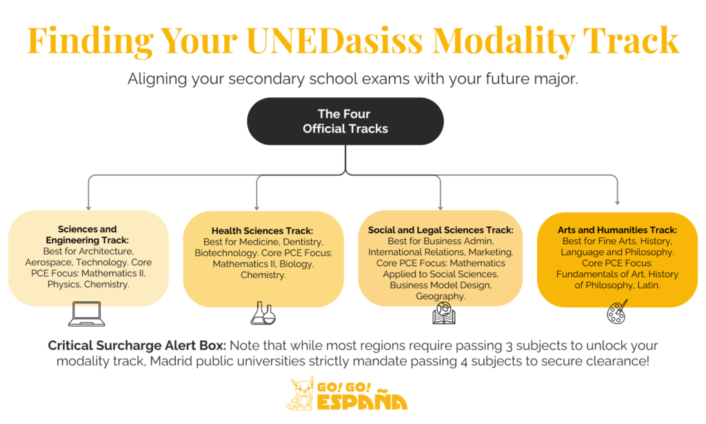 Conceptual branch map linking the four official UNEDasiss modality categories with recommended PCE exam tracks and university degrees. Conceptual branch map linking the four official UNEDasiss modality categories with recommended PCE exam tracks and university degrees.