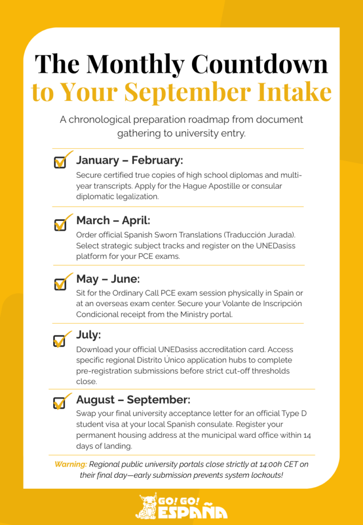 Chronological countdown checklist tracking monthly milestones for international student entry to Spanish universities. Chronological countdown checklist tracking monthly milestones for international student entry to Spanish universities.