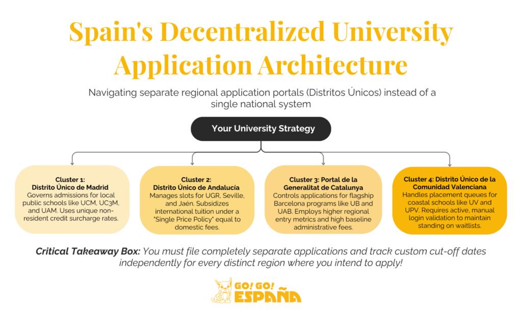 Conceptual roadmap chart outlining separate regional Distrito Único. Conceptual roadmap chart outlining separate regional Distrito Único application portals across Spain.
