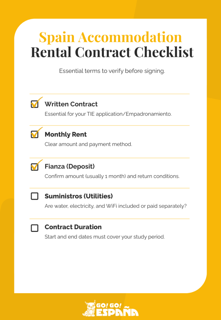 Checklist of key terms to review in a student accommodation Spain rental contract. (13 words)