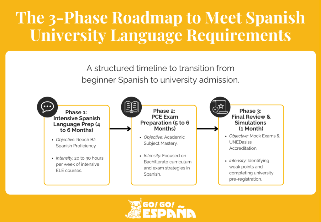 Flowchart showing the 3-phase roadmap to meet Spanish university language requirements.
